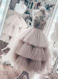 Unique Short Layered Tulle High Neck Short Prom Dresses, Homecoming Dresses OKO56