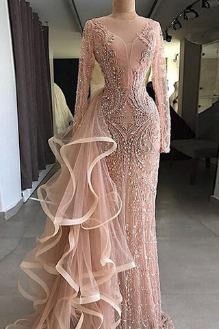 Best Pink Sheath Long Sleeve Beading Ruffles Tulle Prom Dresses OKE29