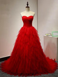 Chic Sweetheart A Line Zipper Back Red Ruffles Cheap Long Prom Dresses OKG22