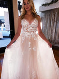 A Line Tulle V Neck Backless Lace Floral Appliques Long Wedding Dresses OK1736