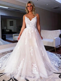 V Neck Backless Ivory Lace Appliques Tulle Long Wedding Dresses Bridal Dress OK1699