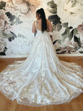 A Line V Neck Backless Off White Lace Long Plus Size  Wedding Dresses OK1734