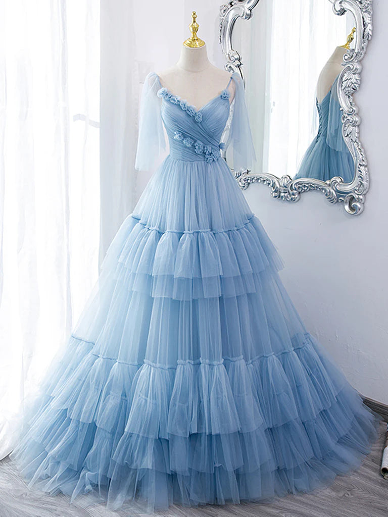 A Line V Neck Blue Long Prom Dress with Sweep Train, Formal Evening Dresses OK2004