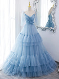 A Line V Neck Blue Long Prom Dress with Sweep Train, Formal Evening Dresses OK2004