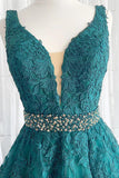 A Line V Neck Dark Green Lace Appliques Prom Dresses, Formal Evening Dresses OK1991