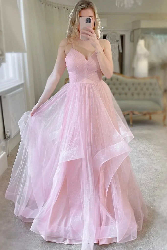 A Line V Neck Light Pink Tulle Prom Dresses, Tulle Formal Evening Dresses OK1913