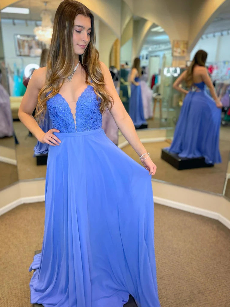 V Neck Open Back Blue Chiffon Lace Top Long Prom Dresses Formal Evening Dresses OK1718