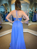 V Neck Open Back Blue Chiffon Lace Top Long Prom Dresses Formal Evening Dresses OK1718