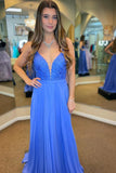 V Neck Open Back Blue Chiffon Lace Top Long Prom Dresses Formal Evening Dresses OK1718