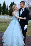 V Neck Appliques Open Back Light Blue Long Prom Dress Formal Graduation Evening Dress OK1245