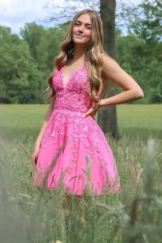 V Neck Backless Pink Lace Appliques Prom Dresses, A Line Short Homecoming Dresses OK1714