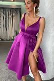 A Line Satin V Neck Purple Short Prom Homecoming Dresses with High Slit OK1746