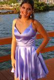 Simple V Neck Short Purple Prom Dresses with Pocket, Lavender Homecoming Dresses OK1741