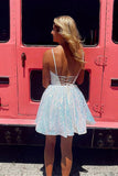 V Neck Short White Backless Prom Dress A-line Short White Formal Homecoming Dress OK1654