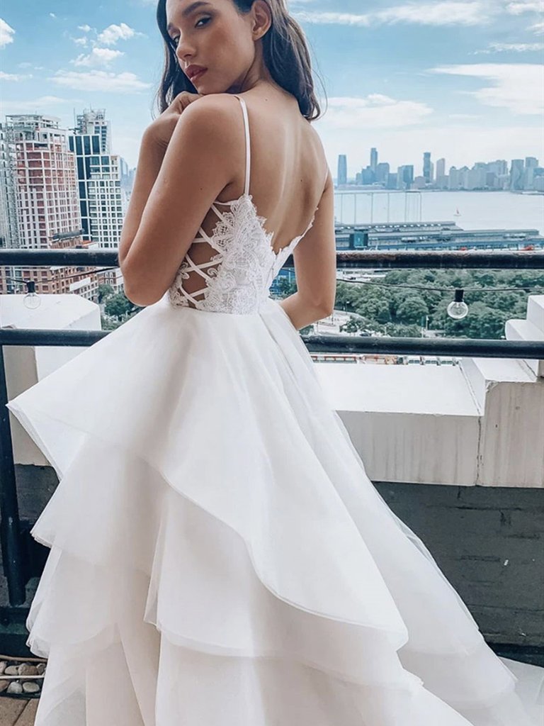 V Neck Lace Top Spaghetti Straps Wedding Dress Elegant Ruffles Bridal Dress OKX55