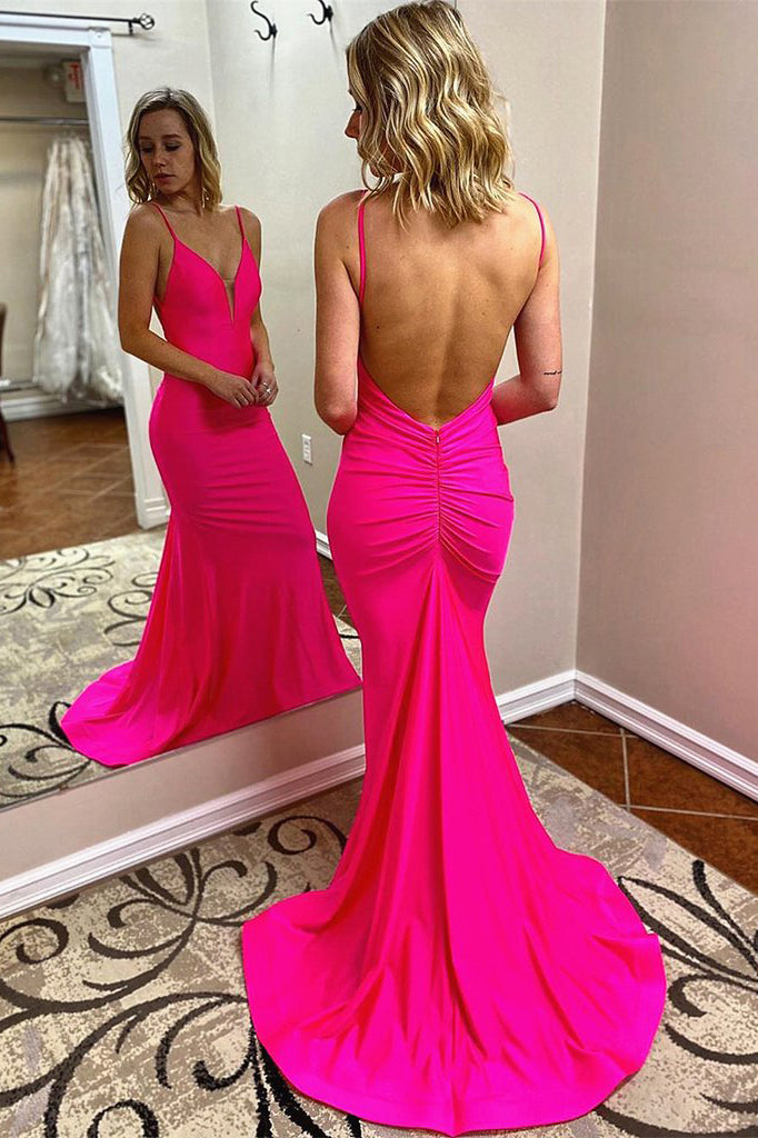 V Neck Hot Pink Mermaid Long Prom Dress Sexy Backless Formal Evening Dress OKZ4