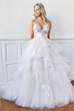 V Neck Backless Off White Floral Lace Wedding Dress A-line Wedding Gowns OKX70