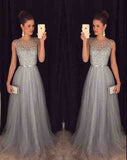 Elegant Gray Tulle Long A Line Prom Dresses,Formal Party Dresses OKE94