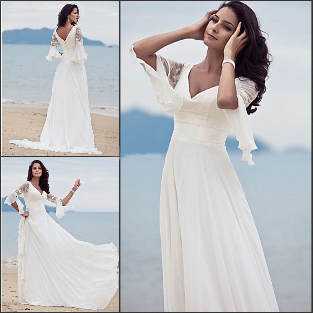 Princess A Line V-neck Chiffon Lace Short Sleeves Beach/Coast Wedding Dress OK265