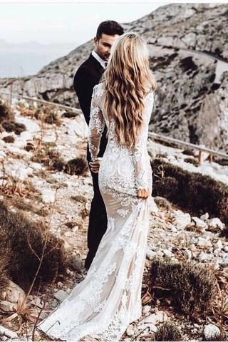 Vintage Long Sleeve Mermaid Lace Applique Wedding Dress OKN93