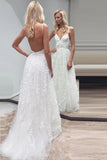 A Line Lace Spaghetti Straps Backless Long Backless Beauty Wedding Dress OK1056