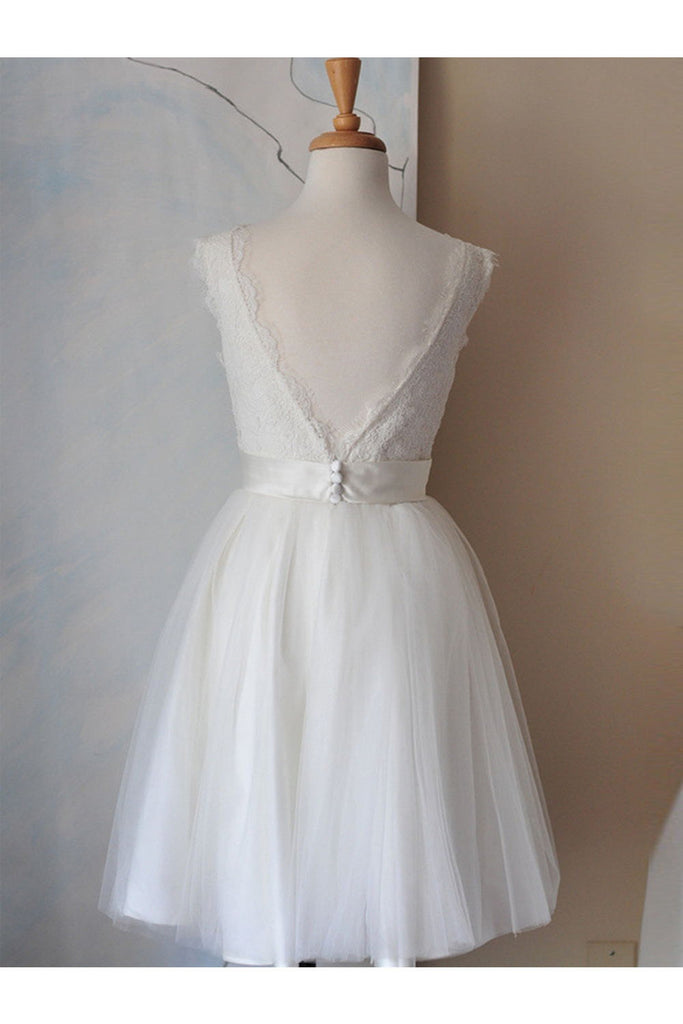 Elegant White Simple Lace V-neck Beach Wedding Dress W6