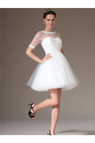 Elegant White Short Sleeves Lace Beading Beach Wedding Dress W7