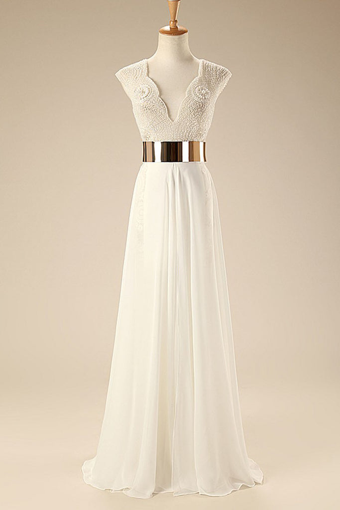 Deep V Neck Cap Sleeves White Chiffon Gold Belt Summer Beach Wedding Dresses WD0106
