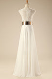 Deep V Neck Cap Sleeves White Chiffon Gold Belt Summer Beach Wedding Dresses WD0106