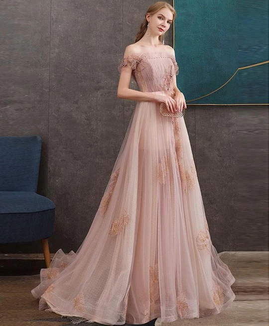 A-line Off-the-shoulder Pearl Pink Long Prom Dress OKS23