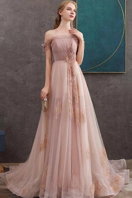 A-line Off-the-shoulder Pearl Pink Long Prom Dress OKS23