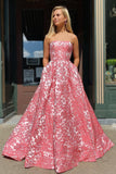 A-line Strapless Modest Cheap Long Prom Dress With Pockets Unique Evening Dress OKX33