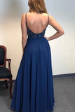 A-line Spaghetti Straps Dark Blue Chiffon Long Prom Dress Beaded Evening Dress OKS96