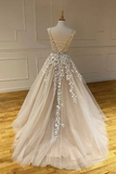 A-line Scoop Lace Appliques Long Prom Dress Cheap Evening Dress OKS92