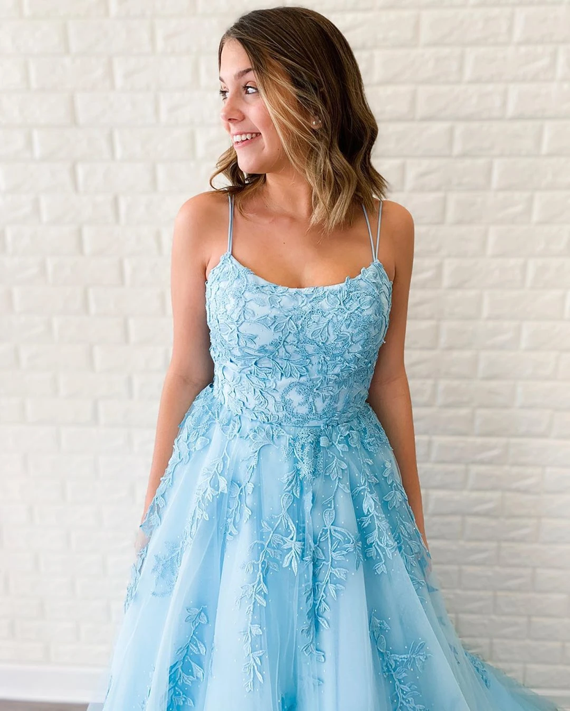 New Formal A-line Spaghetti Straps Lace Appliqued Long Blue Prom Dress OKT5