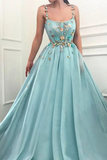 A-line Spaghetti Straps Flowers Long Prom Dress Tulle Evening Dress OKT6