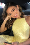 Stunning Mermaid Spaghetti Straps Lace Yellow Long Prom Dress Evening Dress OKT20