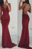 Formal Burgundy Mermaid Long Spaghetti Straps Prom Dresses OKD81