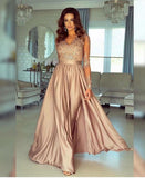 A-line V-neck Long Sleeves Prom Dress Lace Appliques Formal Gown OKR73