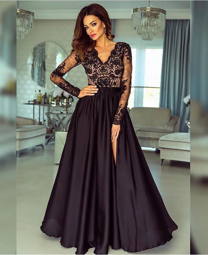A-line V-neck Long Sleeves Prom Dress Lace Appliques Formal Gown OKR73