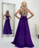 A-line Spaghetti Straps Grape Long Satin Prom Dress Lace Top Formal Gowns OKR54