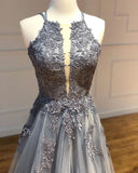 A-line Spaghetti Straps Lace Appliques Grey Tulle Long Prom Dress Party Dress OKR70