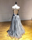 A-line Spaghetti Straps Lace Appliques Grey Tulle Long Prom Dress Party Dress OKR70