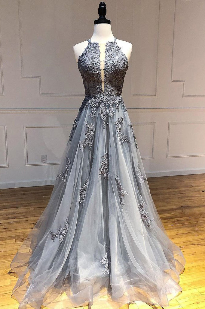 A-line Spaghetti Straps Lace Appliques Grey Tulle Long Prom Dress Party Dress OKR70