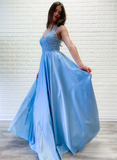 A-line V-neck Lace Appliques Long Satin Prom Dress Blue Evening Party Dress OKR67