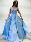 A-line V-neck Lace Appliques Long Satin Prom Dress Blue Evening Party Dress OKR67