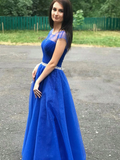 A-line Cap Sleeves Royal Blue Long Prom Dress Beaded Evening Dress OKR65