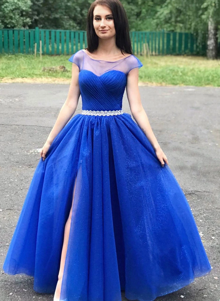 A-line Cap Sleeves Royal Blue Long Prom Dress Beaded Evening Dress OKR65