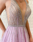 A-line V-neck Lilac Long Prom Dress Tulle Beaded Evening Gown OKR64