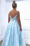 Spaghetti Straps Sky Blue Floral Appliques A Line Long Prom Dress Evening Dress OKR61